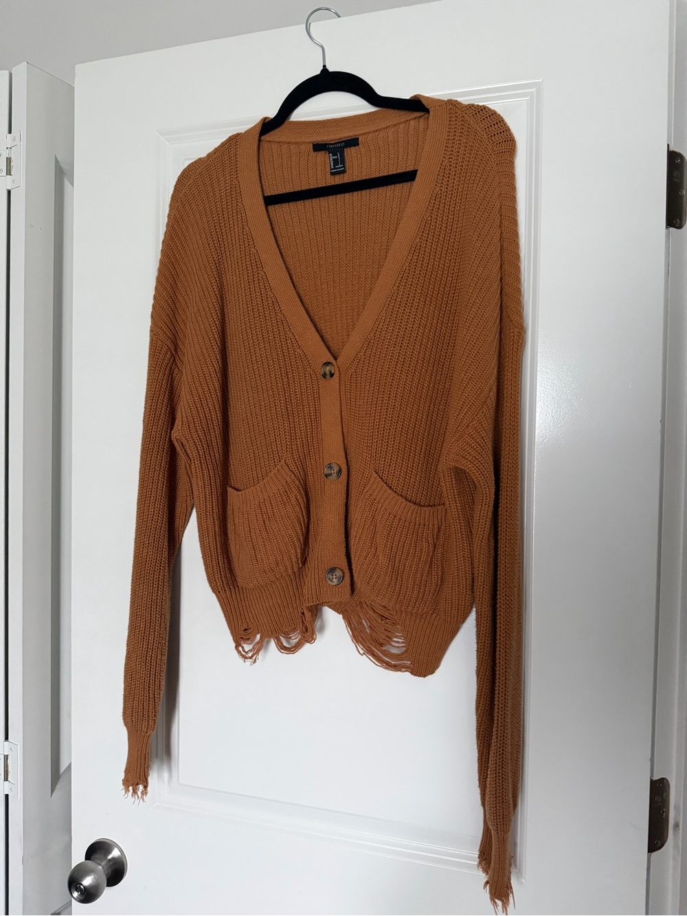 Forever 21 Distressed V-Neck Button Cardigan - Rust Brown